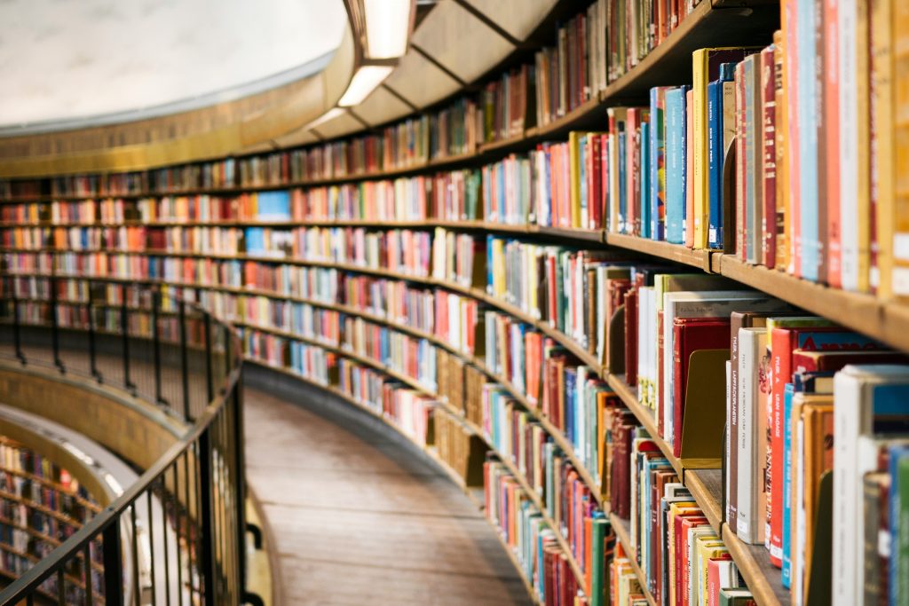 Books shelved on a wall
